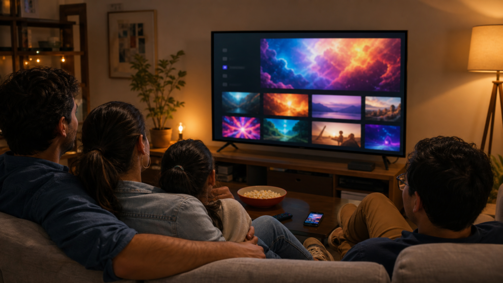Familia observa contenido de video en una televisión conectada a internet en una imagen editorial