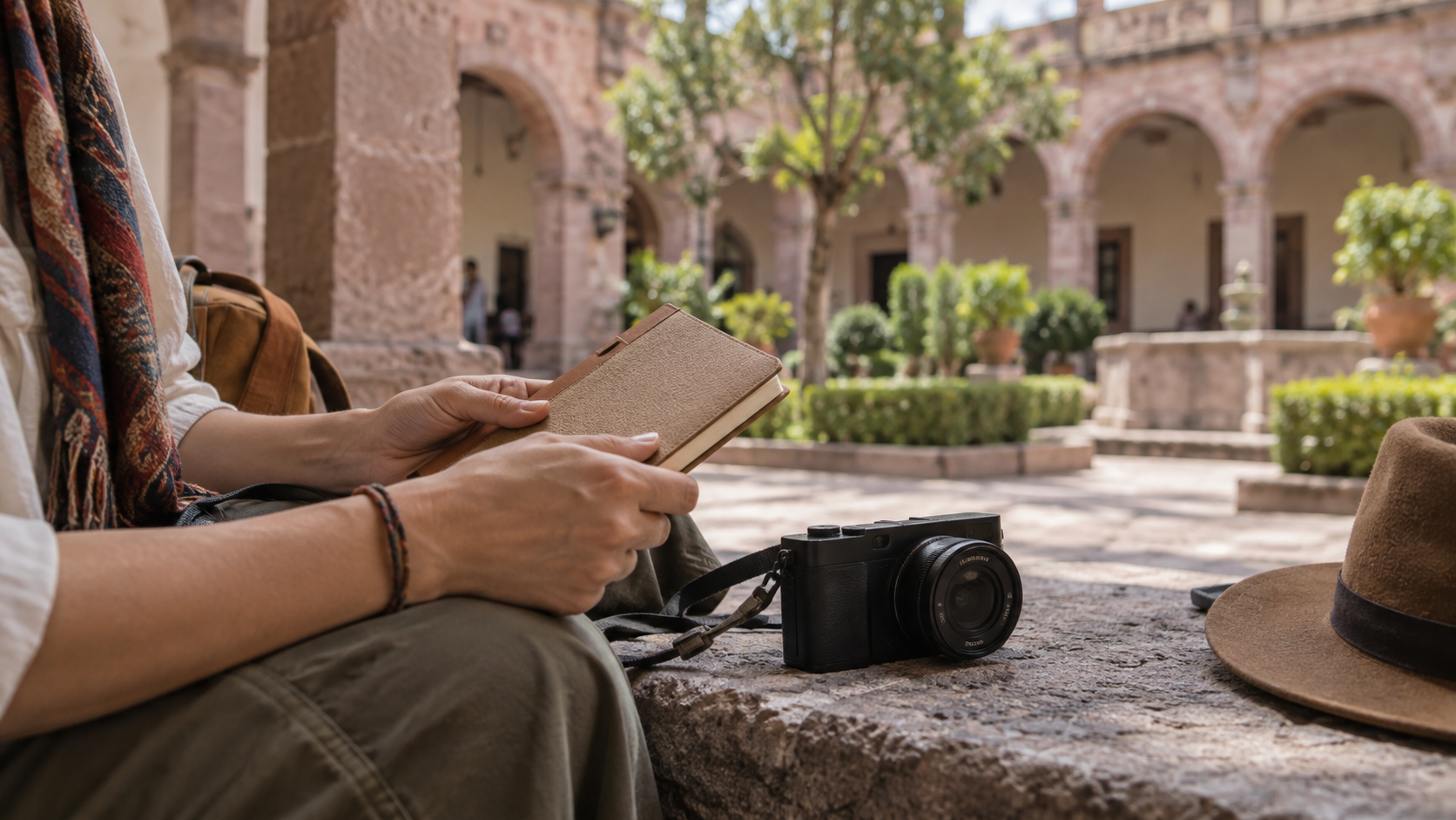 Manos con libreta y cámara sin marcas ante un patio de arquería desenfocado; ilustración conceptual generada con IA.