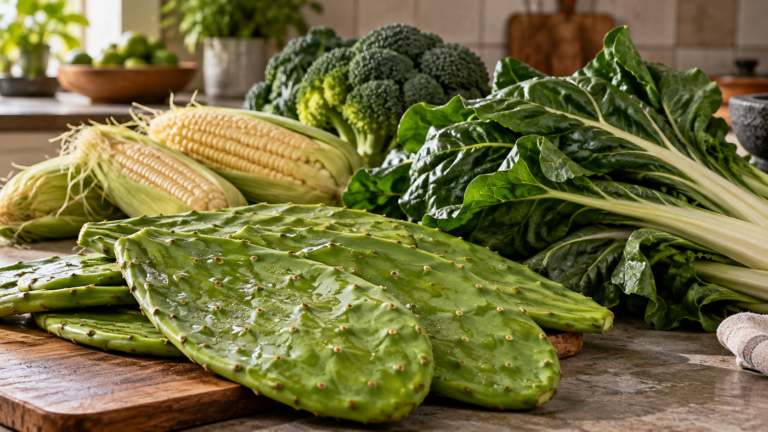 Nopales frescos, hojas verdes, brócoli y mazorcas sobre una mesa.