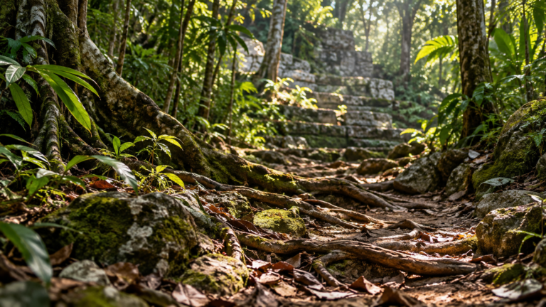 Recreación de un sendero de selva con raíces y escalones de piedra al fondo.