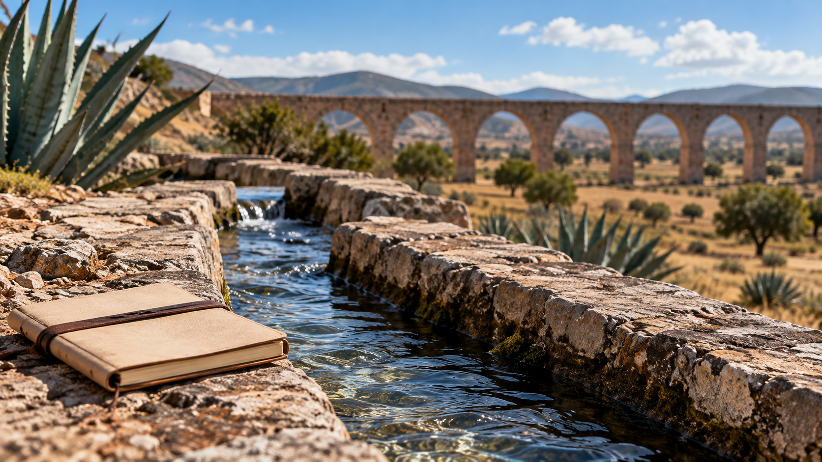 Recreación de un canal de piedra con agua, libreta y arcada rural al fondo.